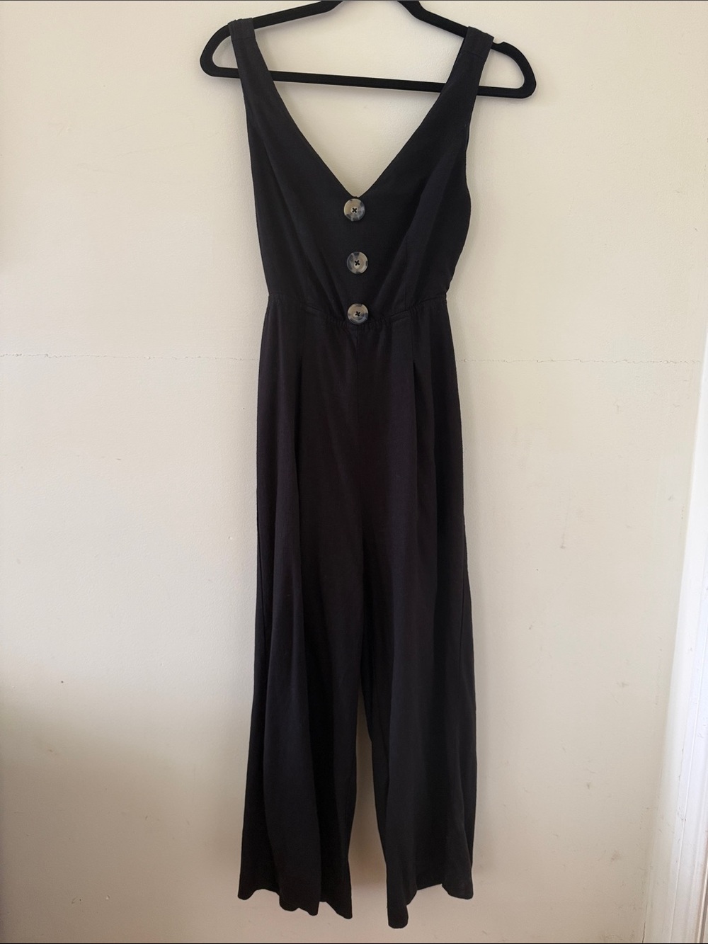 Black linen blend V-Neck Sleeveless Wide-Leg Jumpsuit with Button Front